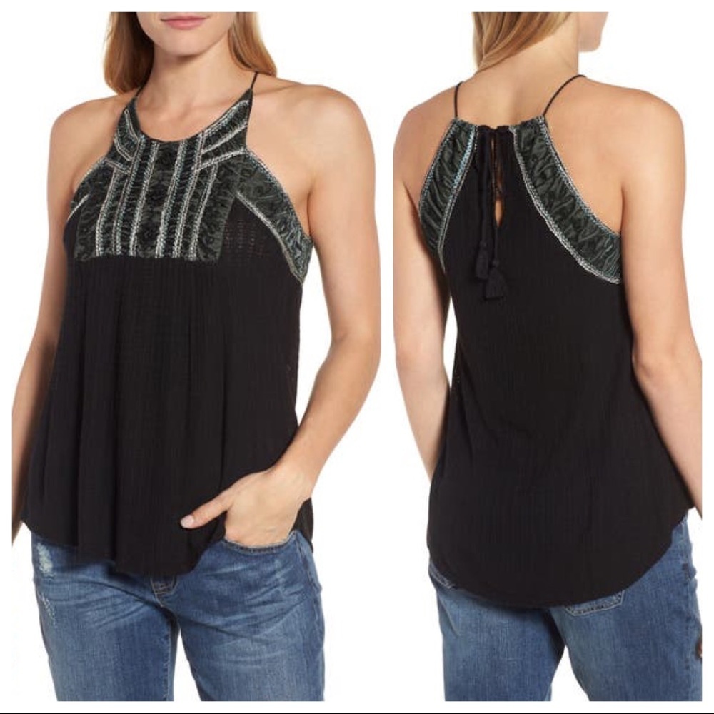 Lucky Brand Beaded Halter Top Black Green Small